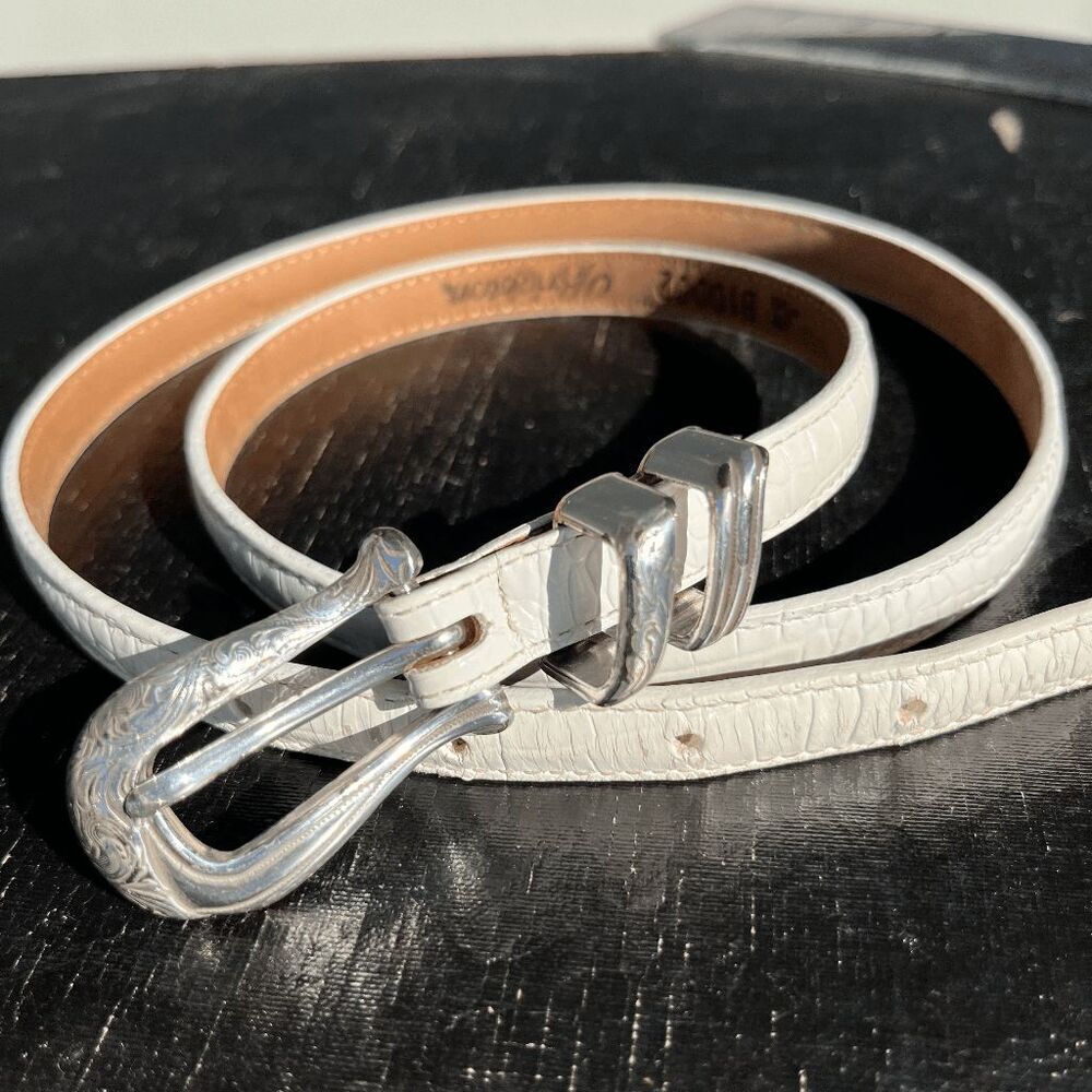 VTG Brighton White Leather Belt w/ Ornate Silver Buckle - L/34